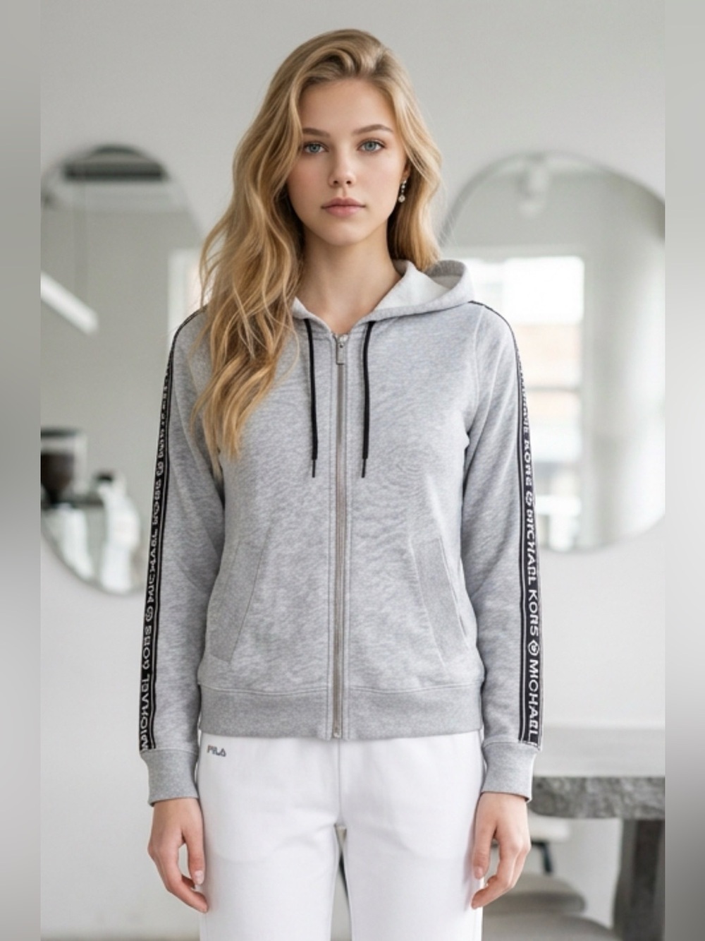 Michael Kors Light Gray Zip Hoodie with Branded Sleeve Tape R1